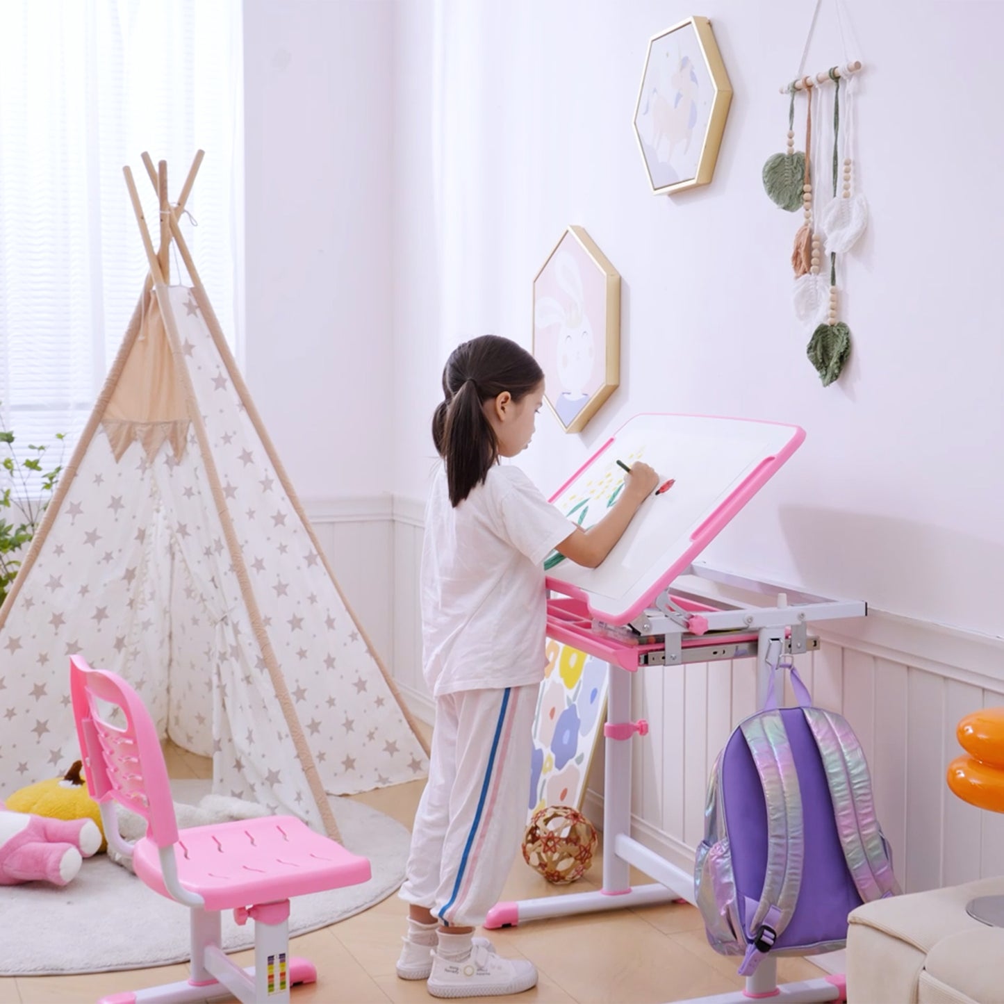 Kids Desk and Chair Set, Student Adjustable Writing Desk
