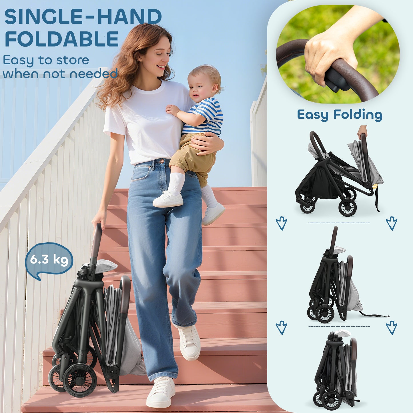 Foldable Baby Stroller with Adjustable Seat, 5-Point Harness, Canopy