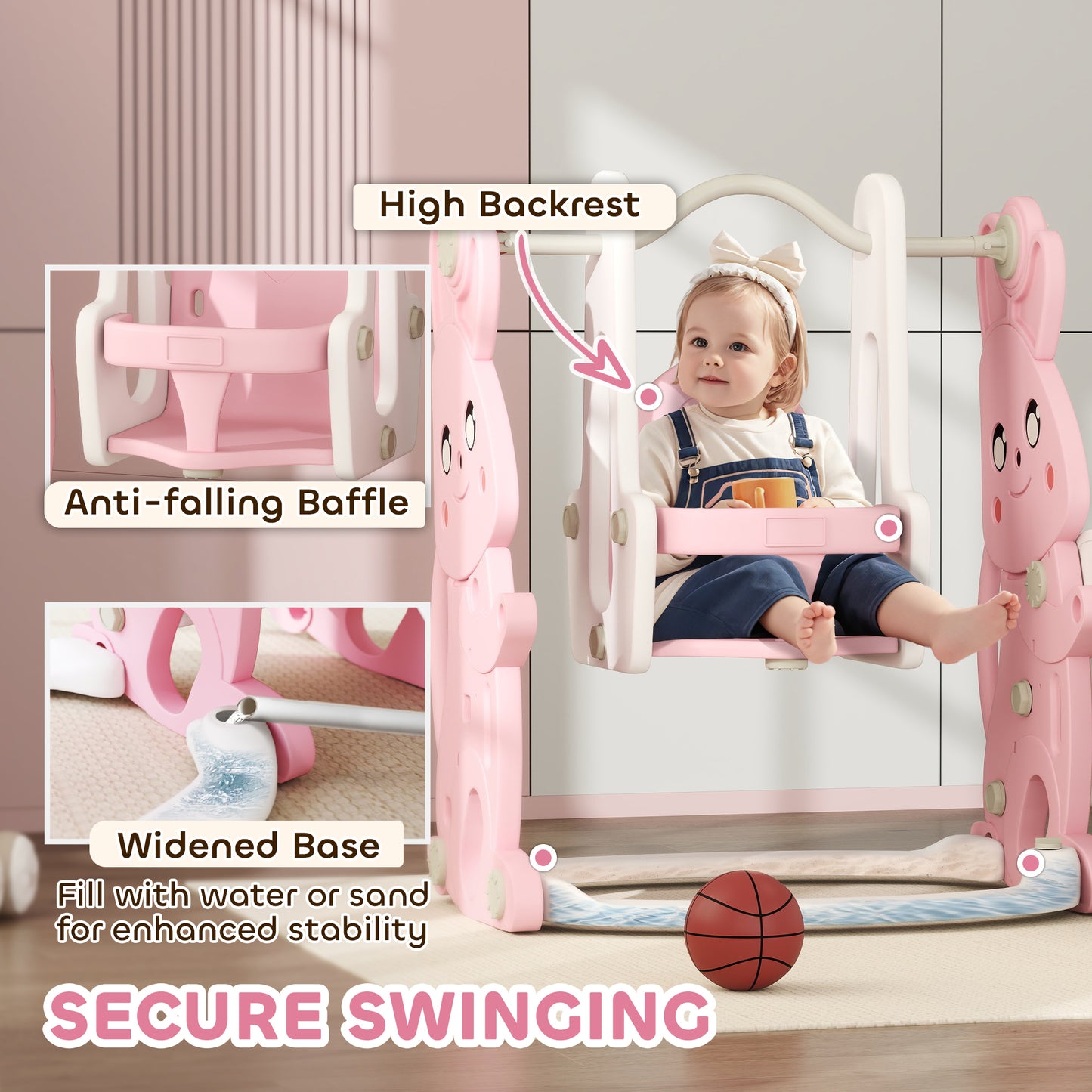 4 in 1 Kids Slide and Swing Set with Climber, Basketball Hoop