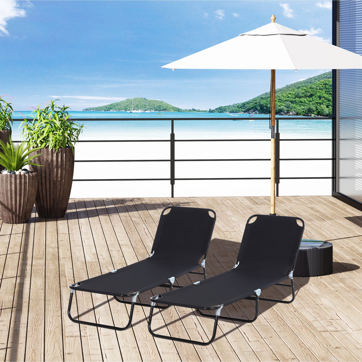 2 Piece Foldable Sun Loungers with 5-Position Adjustable Backrest