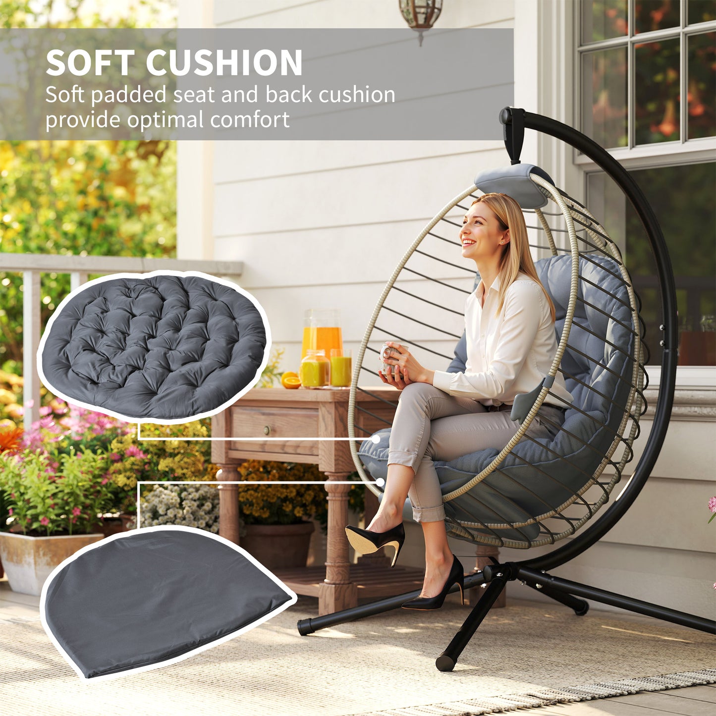 PE Rattan Swing Chair, Outdoor Hanging Chair with Metal Stand