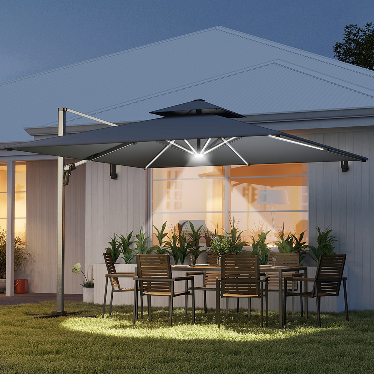 3(m) Garden Cantilever Parasol with Solar LED Lights, Cross Base