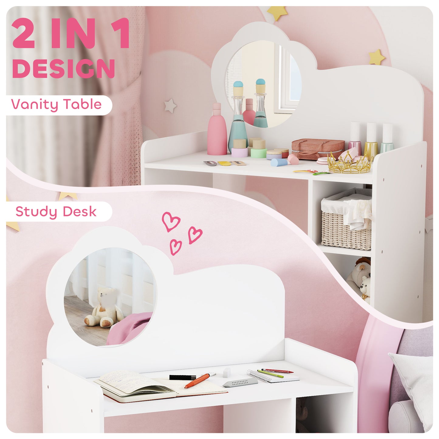 Kids Dressing Table with Mirror, Stool