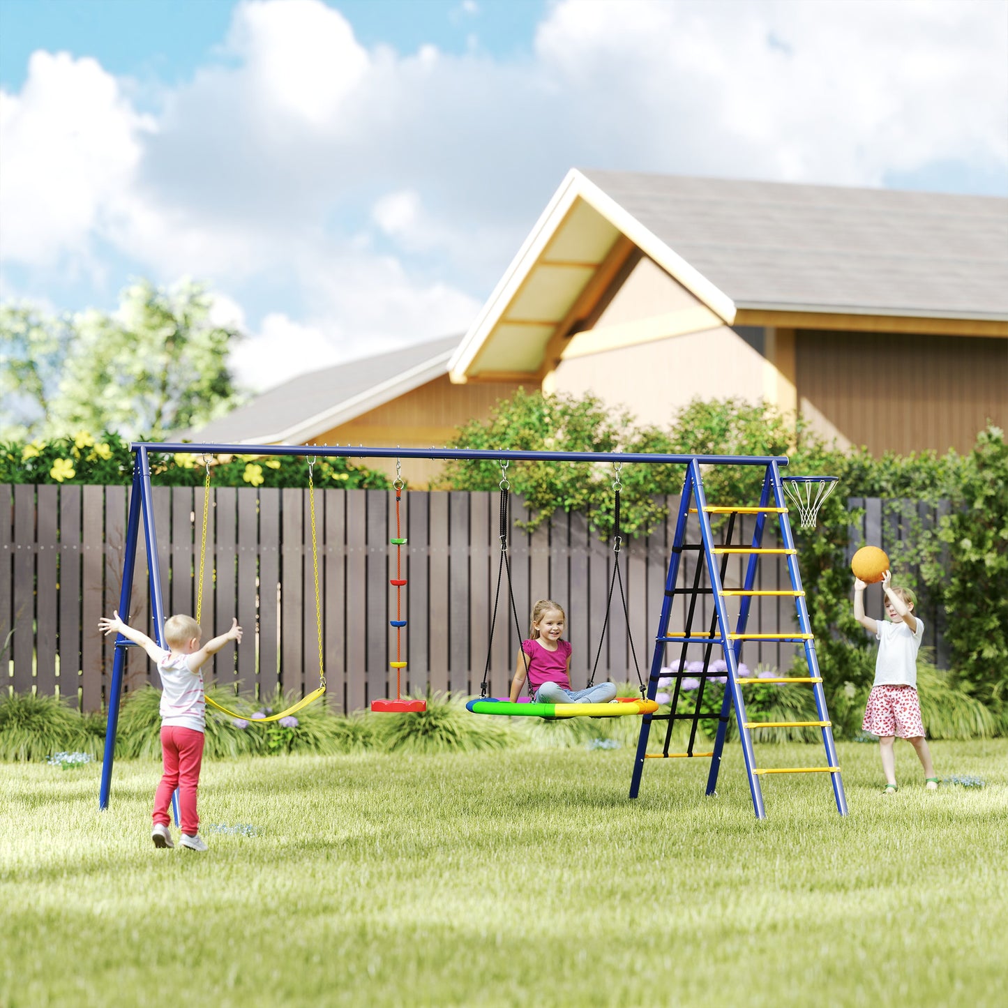 6 in 1 Metal Kids Swing Set with 3 Swings, Climbing Ladder & Net