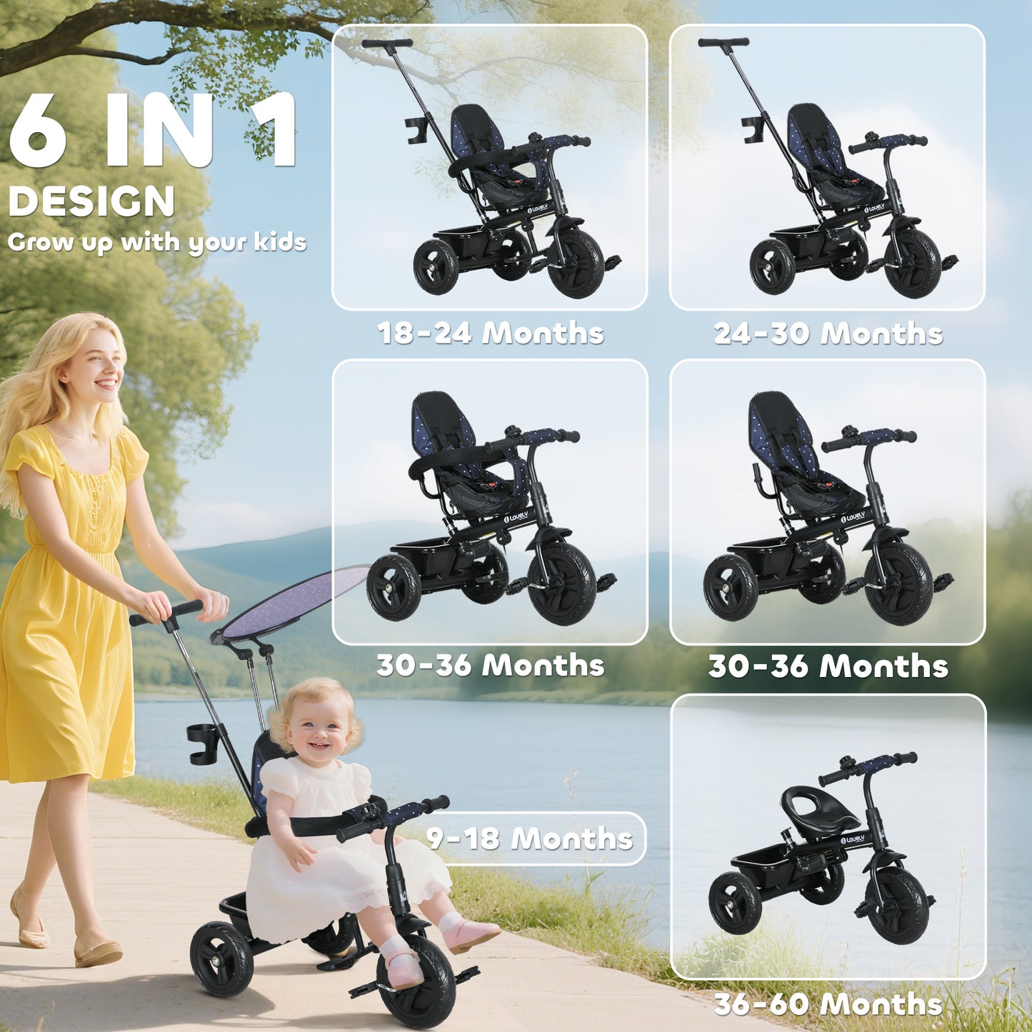 6 in 1 Tricycle for Kids with 5-point harness straps, Removable Canopy