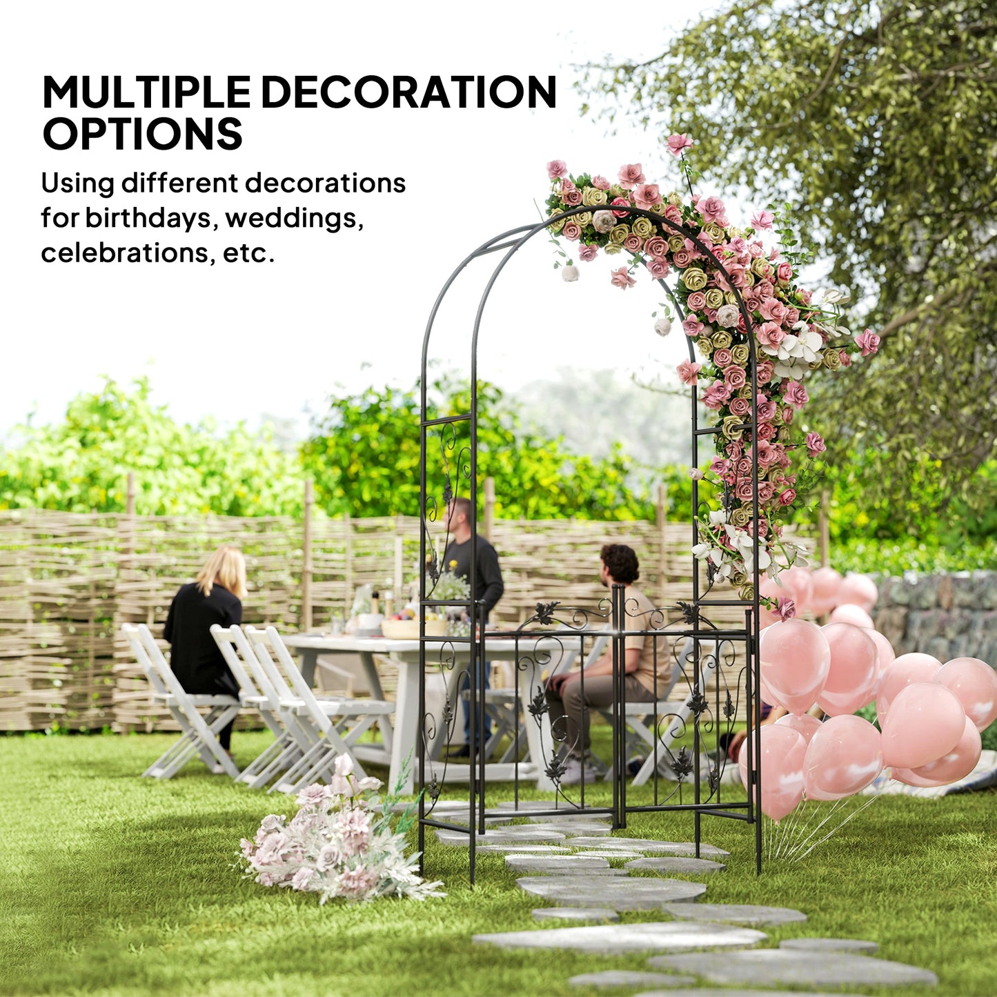 2.17m Steel Garden Arch with Gate, Wedding Arch for Outdoor, Garden