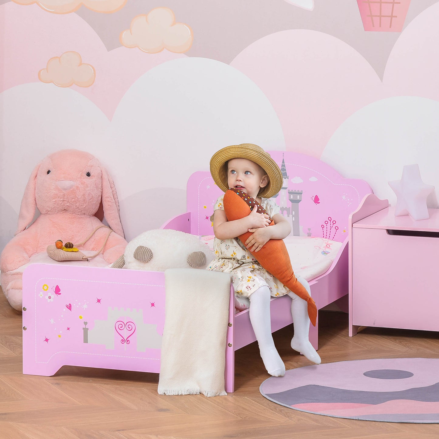Kids Bed Princess Castle Theme w/ Side Rails Slats Home Furniture