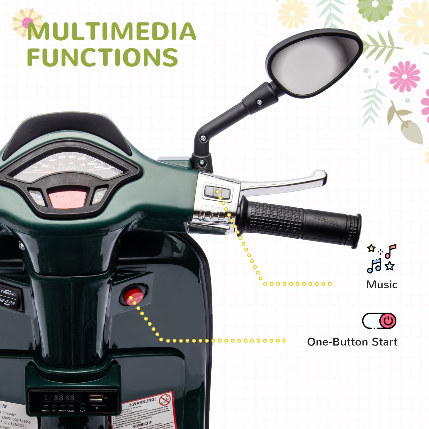 12V Vespa Licensed Kids Electric Motorbike w/ Music, Lights