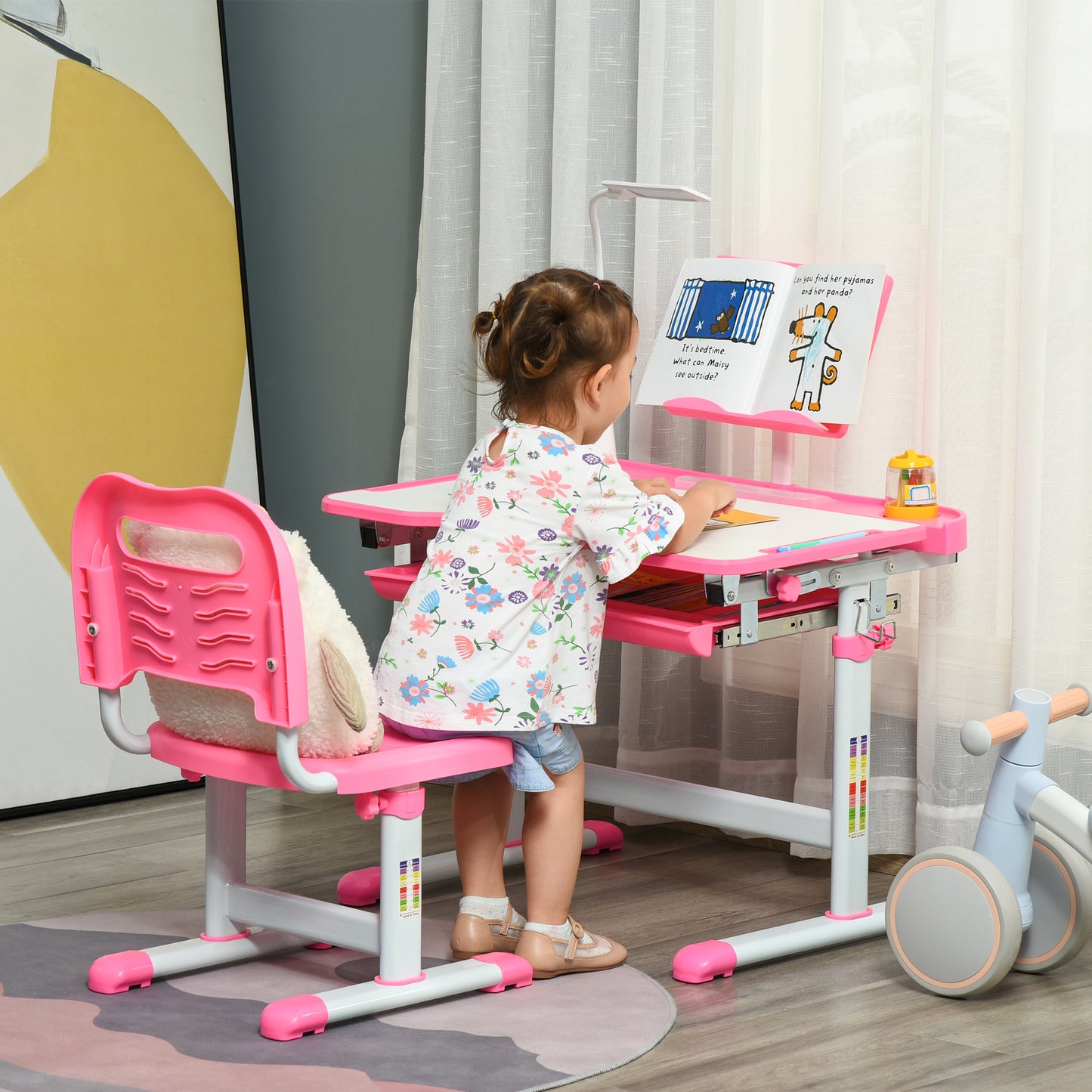 Kids Study Desk and Chair Set w/ Adjustable Height, Storage, Drawer