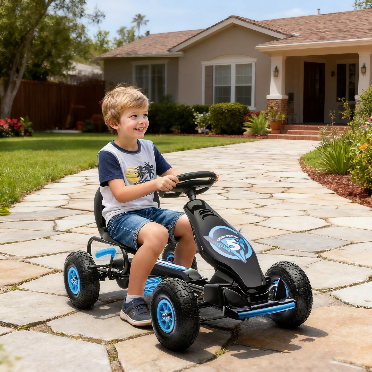 Kids Pedal Go Kart, with Adjustable Seat, Inflatable Tyres