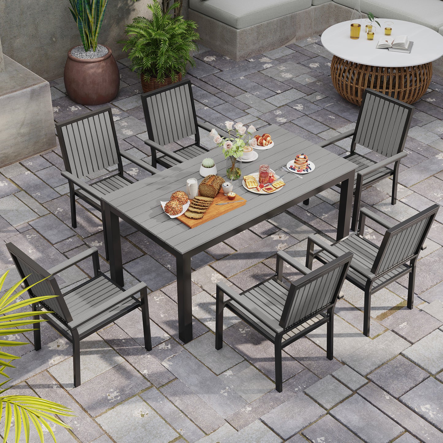 6 Seater Garden Dining Set with Stackable Chairs, Aluminium Frame