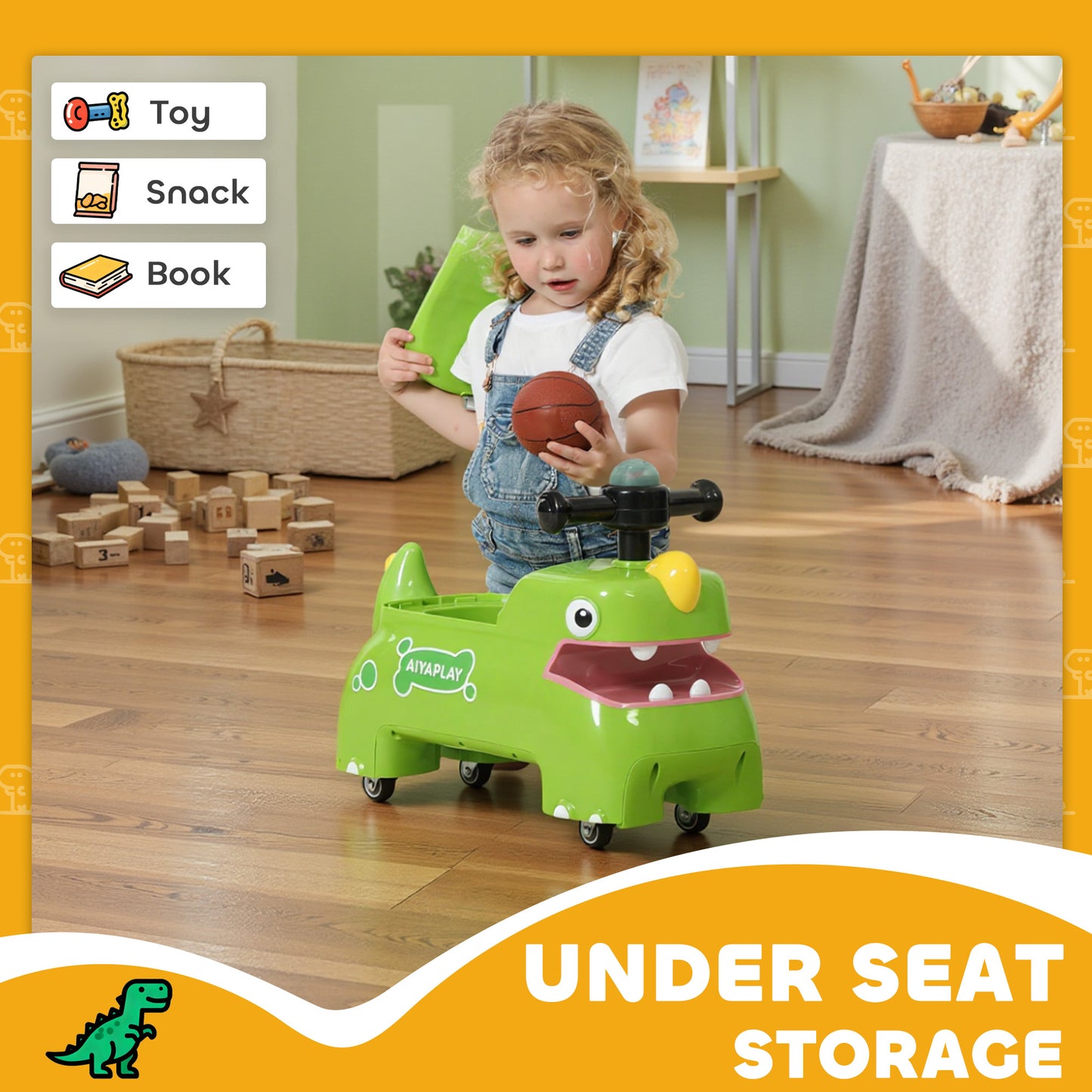 Kids Ride On Car, Dinosaur Foot to Floor Slider with Storage