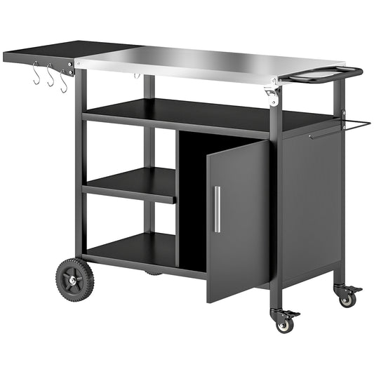 Outdoor BBQ Trolley with Foldable Side Table, Stainless Steel Top