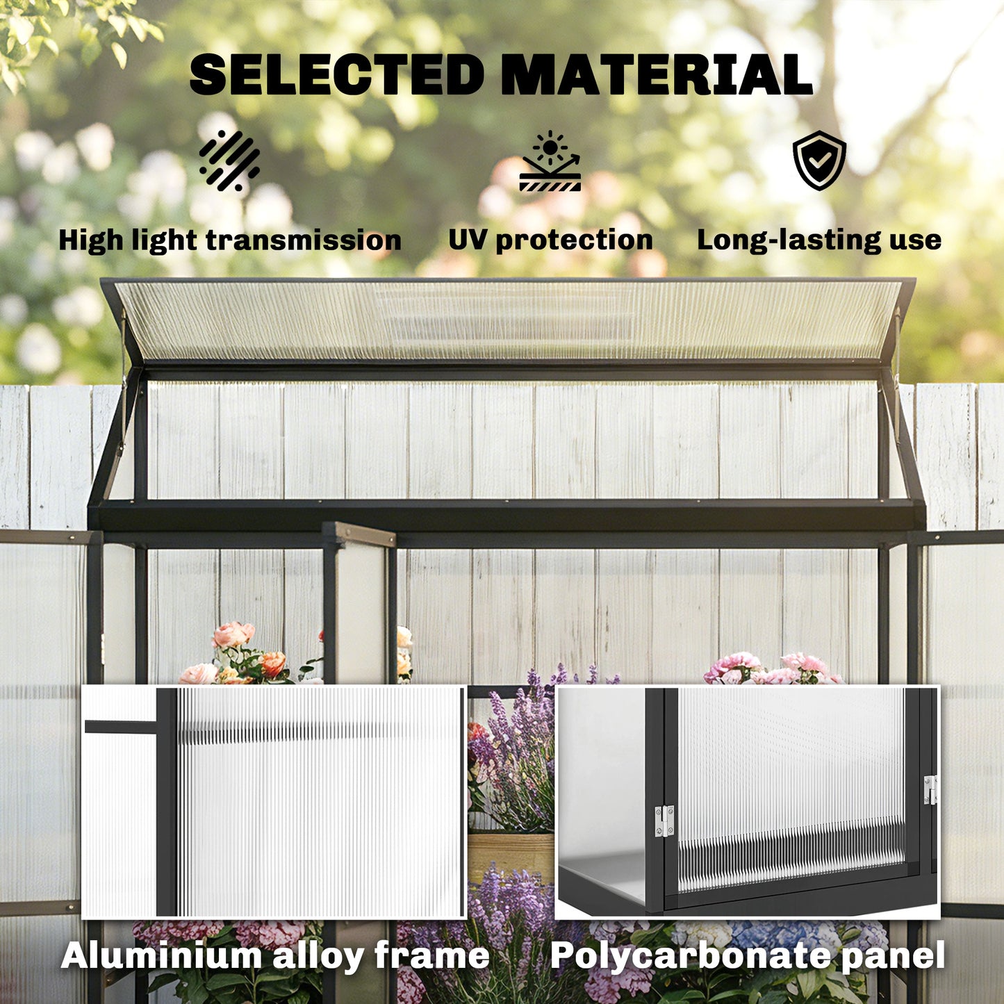 Polycarbonate Greenhouse with 3 Hinged Doors, Top Vent