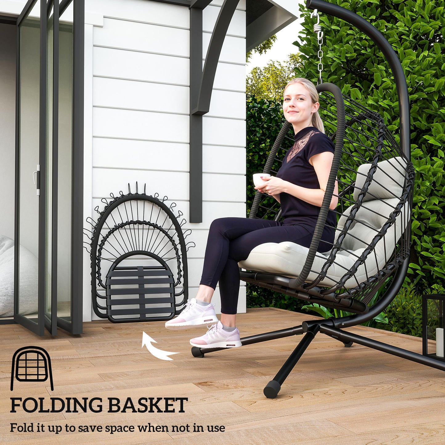 Outdoor PE Rattan Swing Chair with Foldable Basket and Cushion