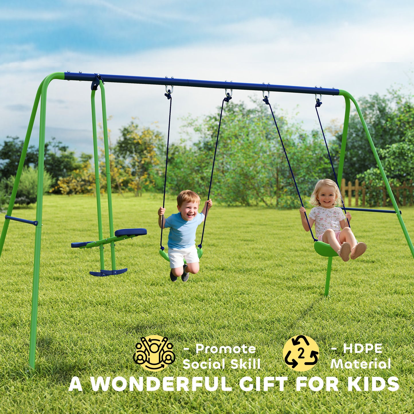 Metal Garden Swing Set Height Adjustable Children Outdoor Backyard