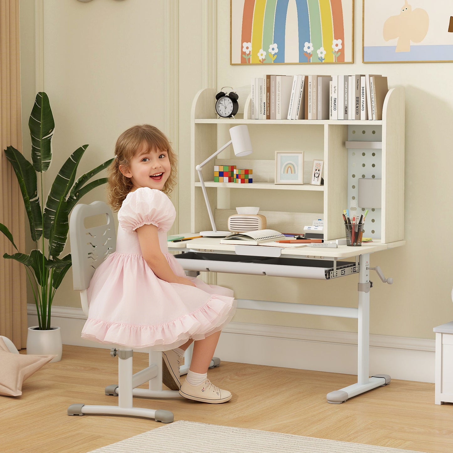 Kids Desk Height Adjustable with Tilt-Desktop, Hutch, Drawer