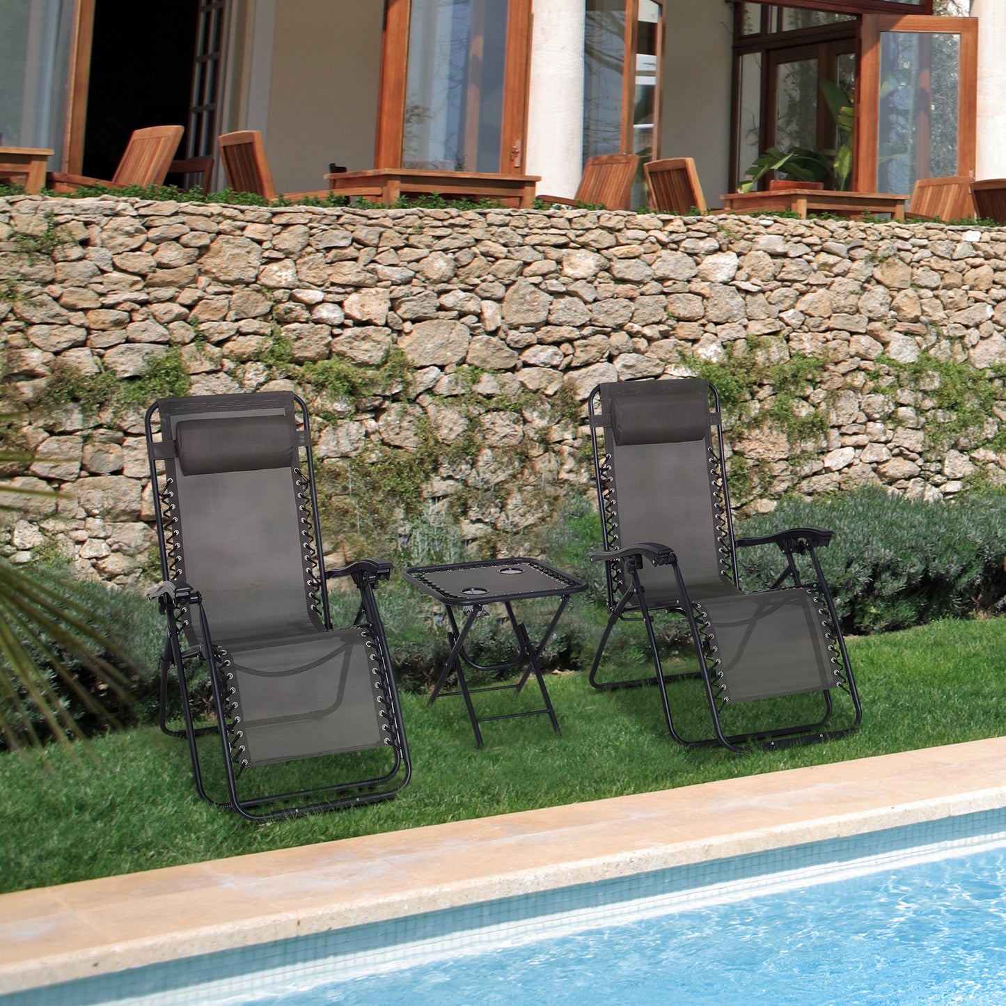 3pcs Folding Zero Gravity Chairs Sun Lounger Table Set w/ Cup