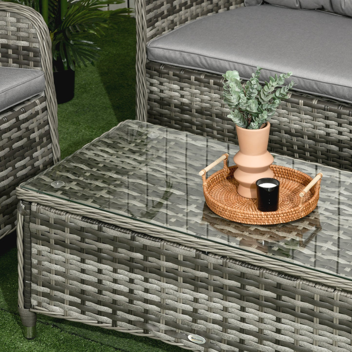 Four-Piece Rattan Sofa Set, with Glass-Top Table