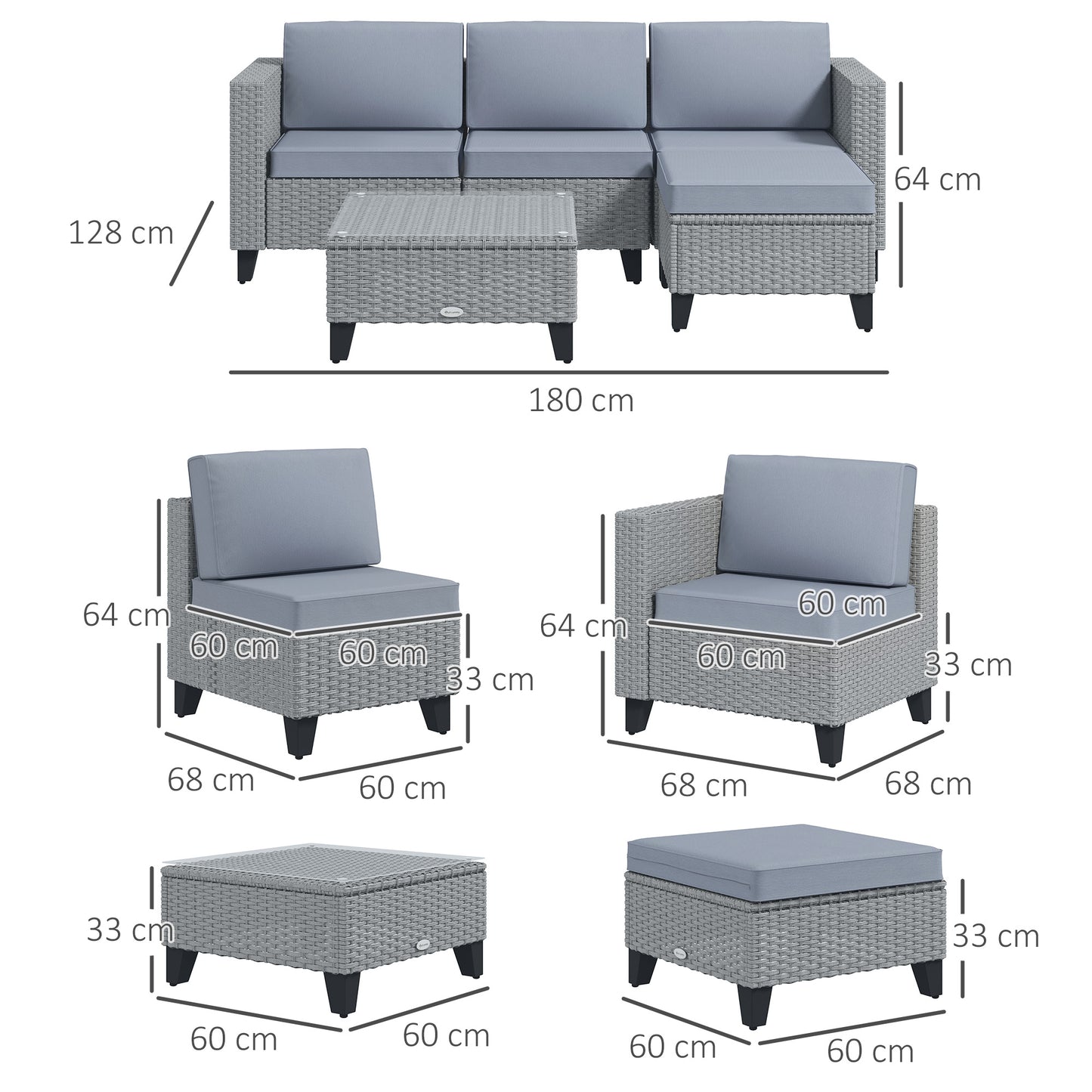 5-Piece Rattan Patio Furniture Set with Corner Sofa, Footstools
