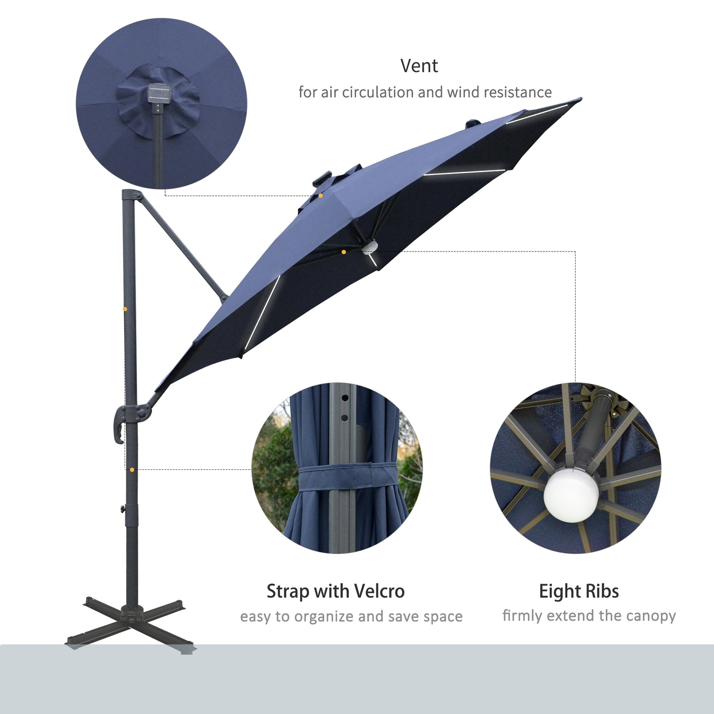 3(m) LED Cantilever Parasol Outdoor Sun Umbrella w/ Base Solar Lights