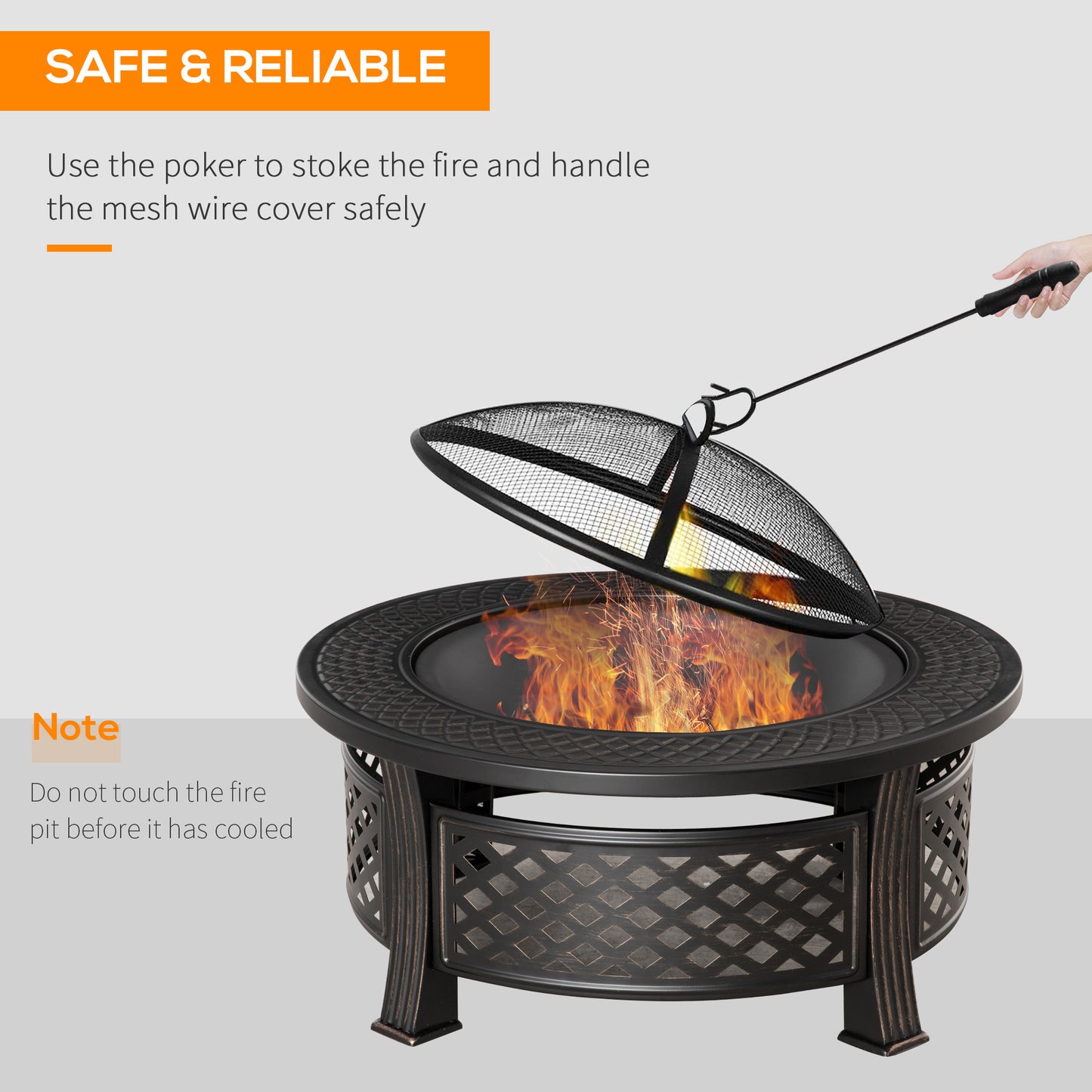 Outdoor Fire Pit, Firepit with Grill Net, Mesh Lid, Poker