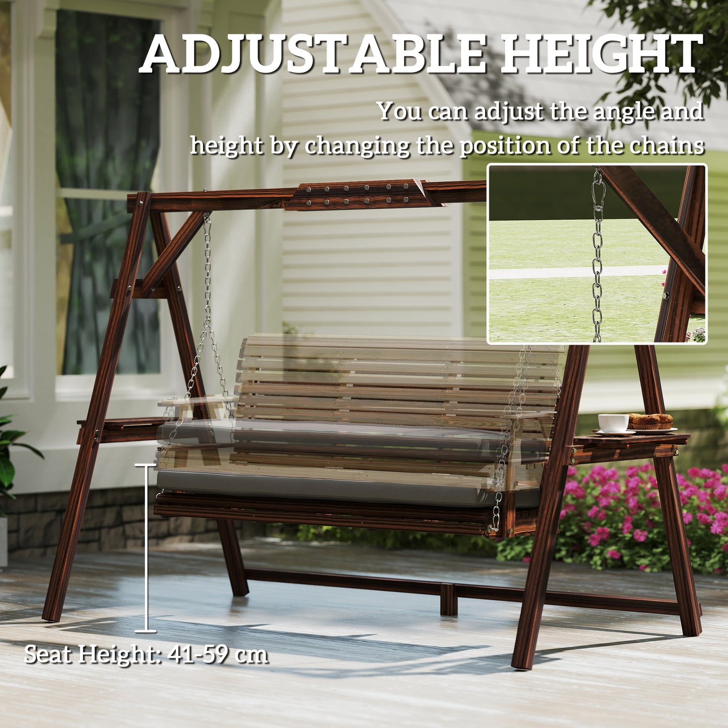3 Seater Garden Swing Seat, Wooden Swing Chair Bench with Cushion