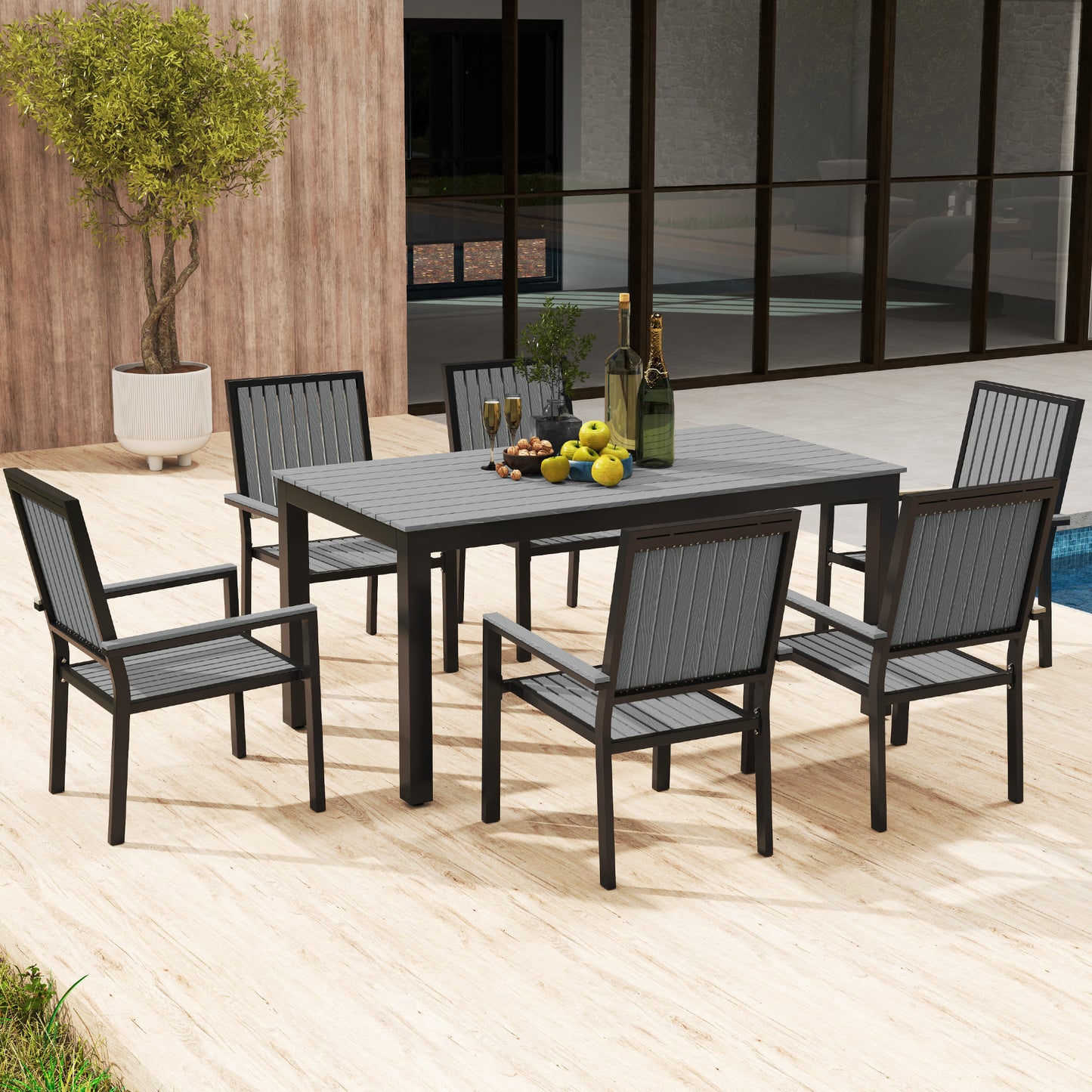 6 Seater Garden Dining Set with Stackable Chairs, Aluminium Frame