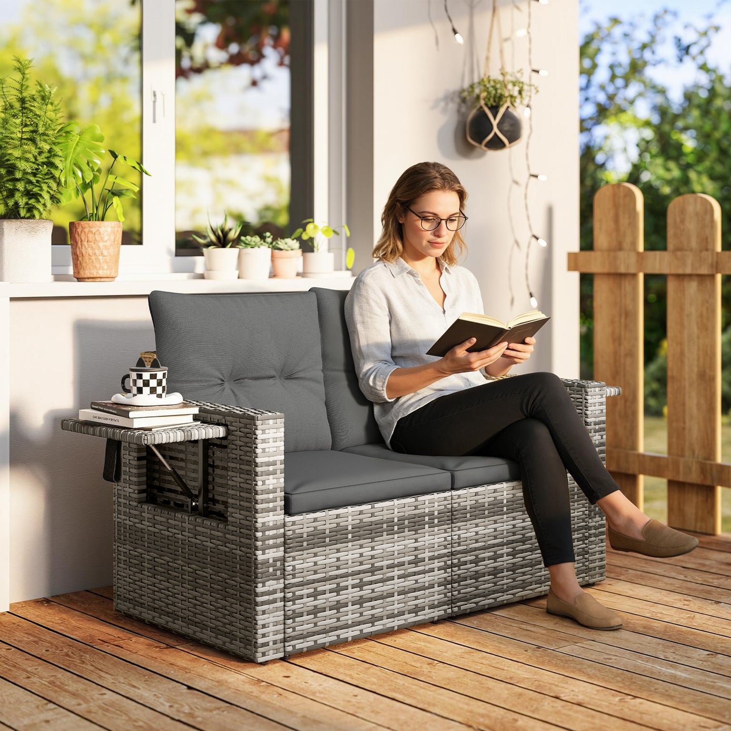 2 Seater Rattan Garden Sofa Outdoor Loveseat with Hidden Side Trays