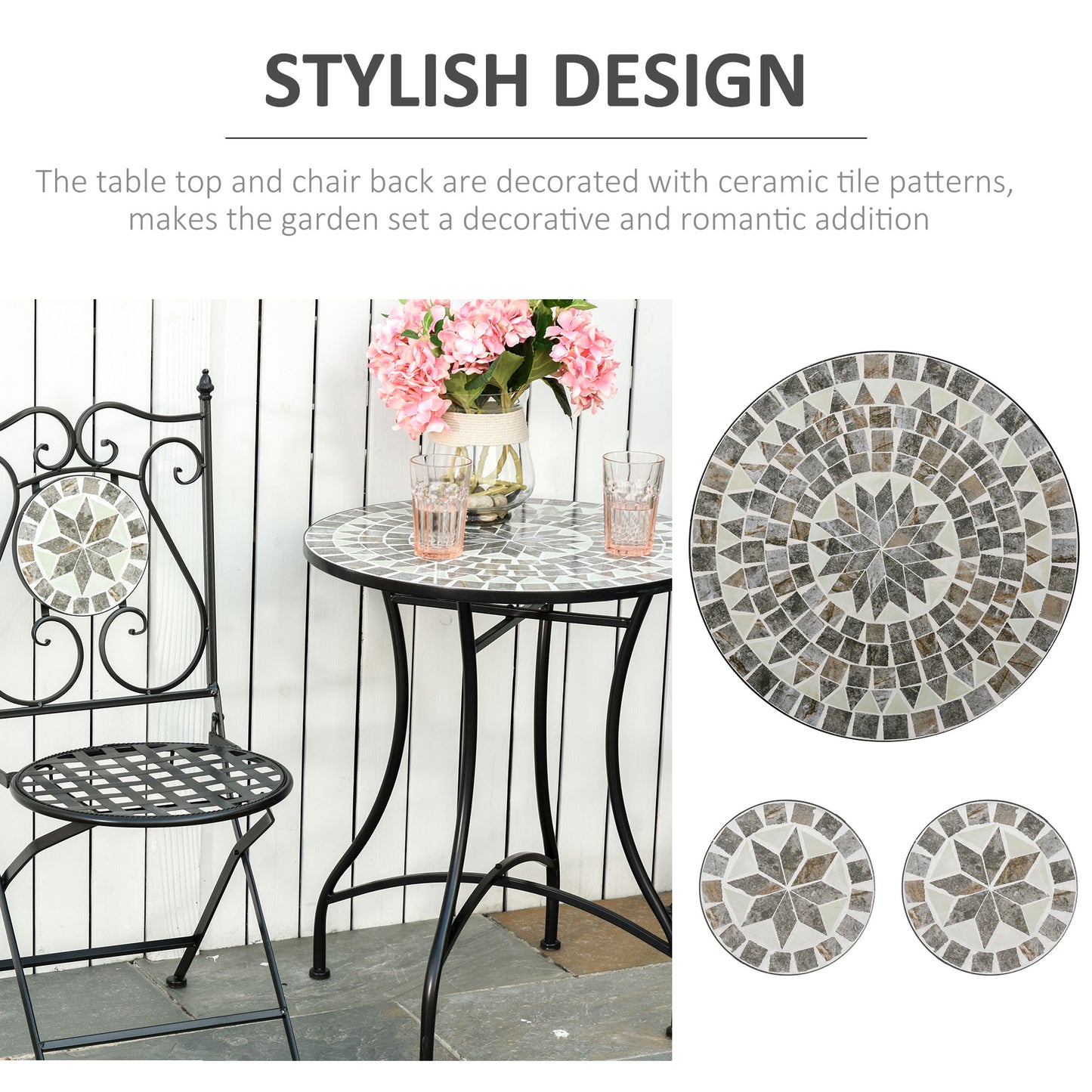 3 Pcs Mosaic Tile Garden Bistro Set Outdoor Seating w/ Table 2
