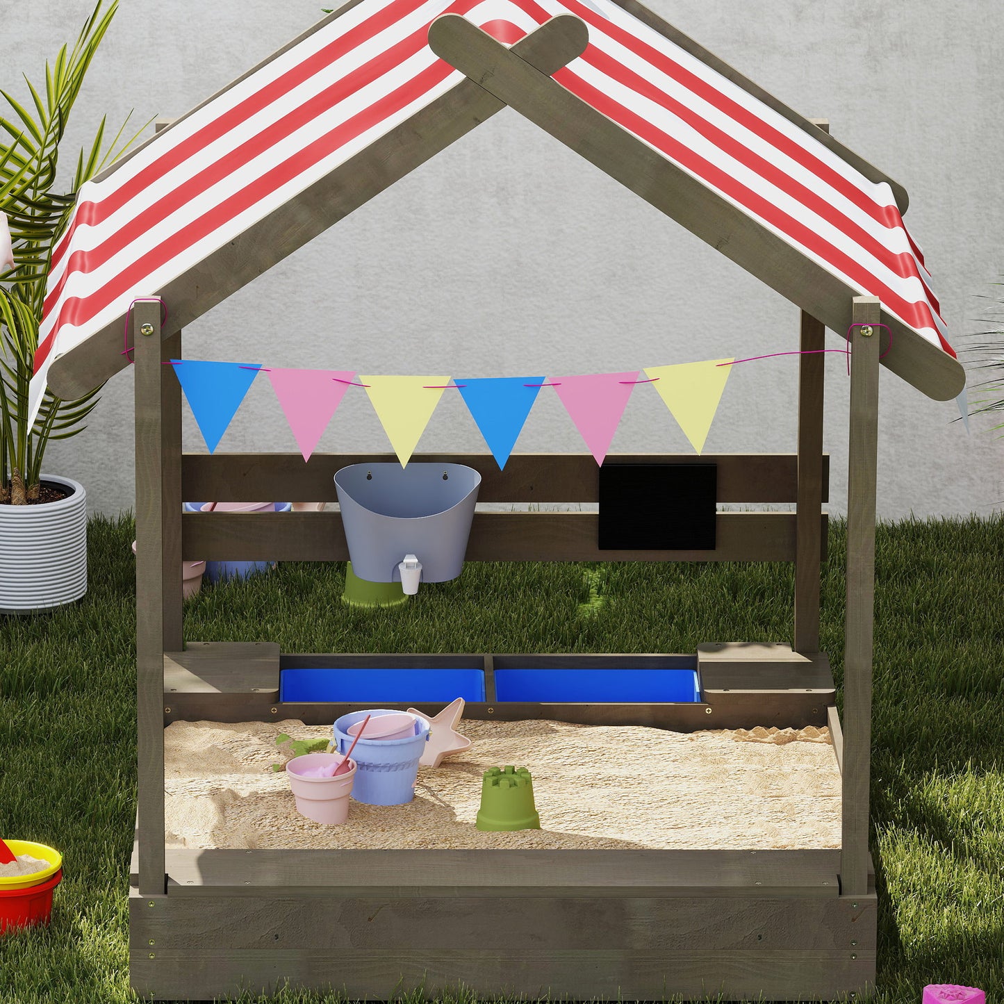 House-Designed Wooden Sandbox, Outdoor Sandpit, with Blackboard