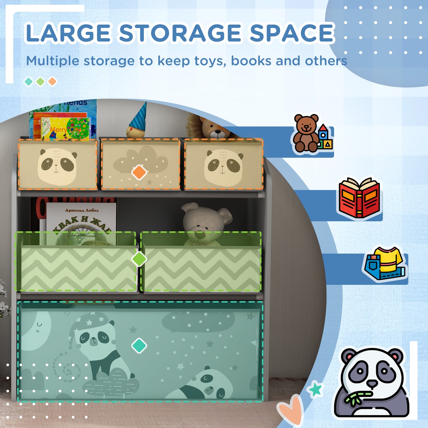 Kids Storage Unit, Toy Storage Organiser, with Six Fabric Bins