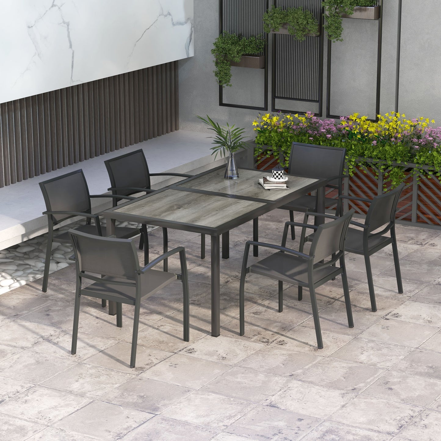 Seven-Piece Casual Outdoor Dining Set, with Wood-Effect Table