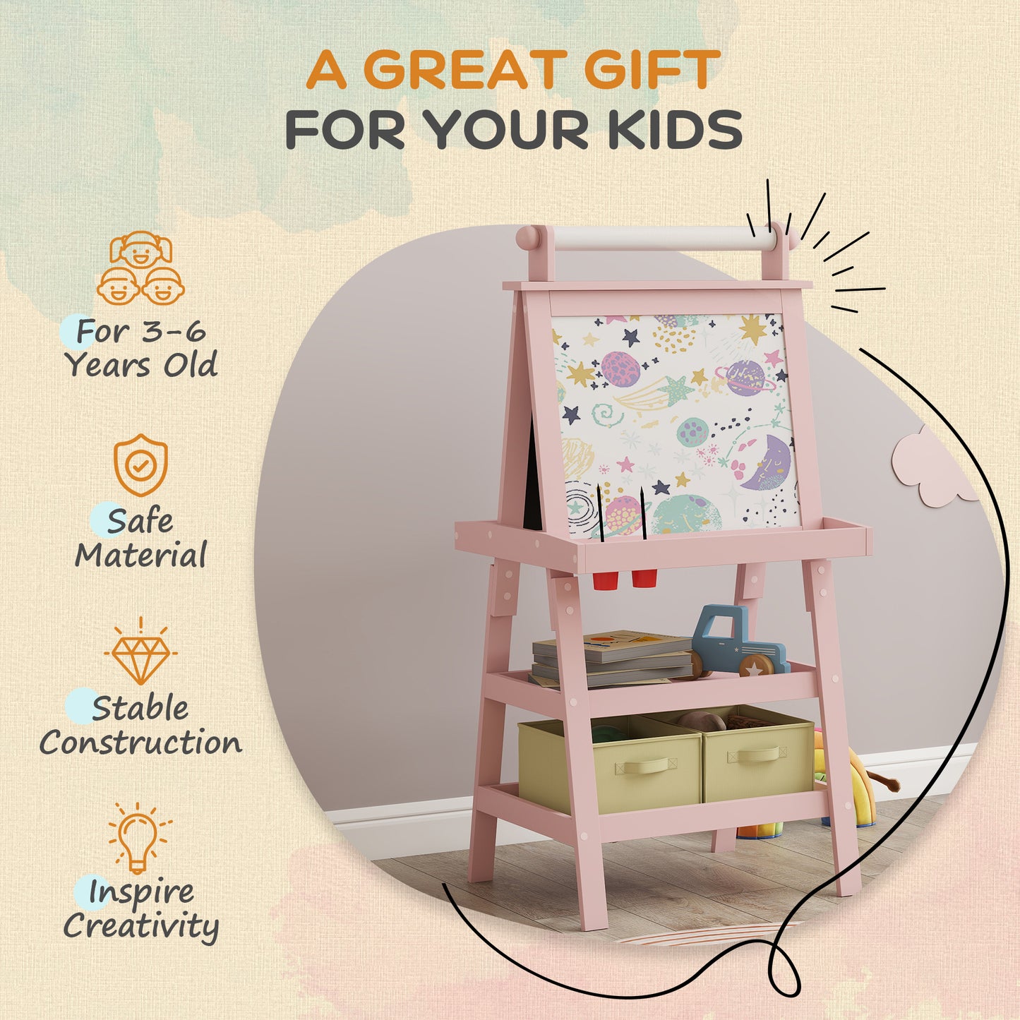 3 in 1 Kids Easel Double-Sided Magnetic Whiteboard and Chalkboard
