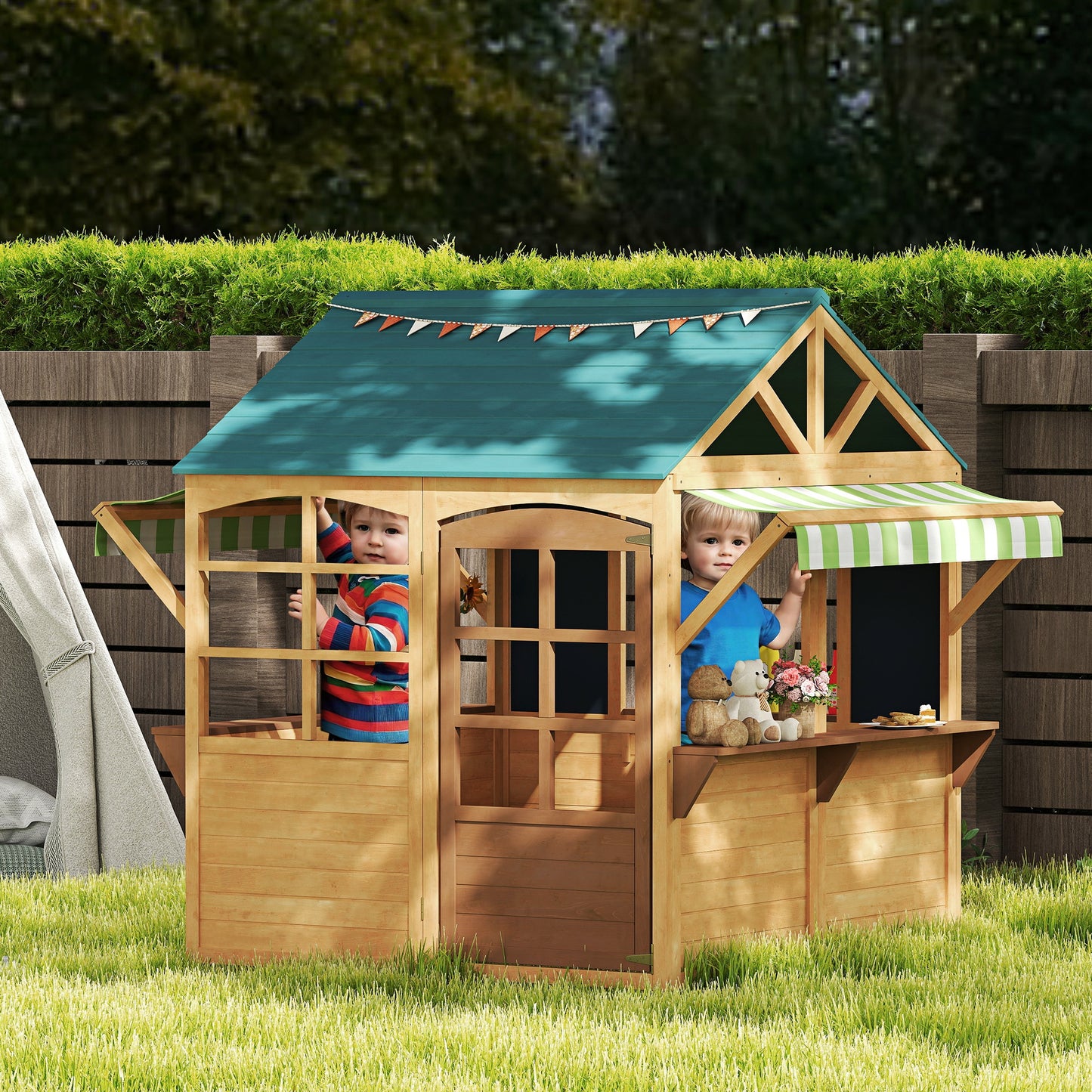 Wooden Playhouse for Kids, Foldable Wendy House with Windows