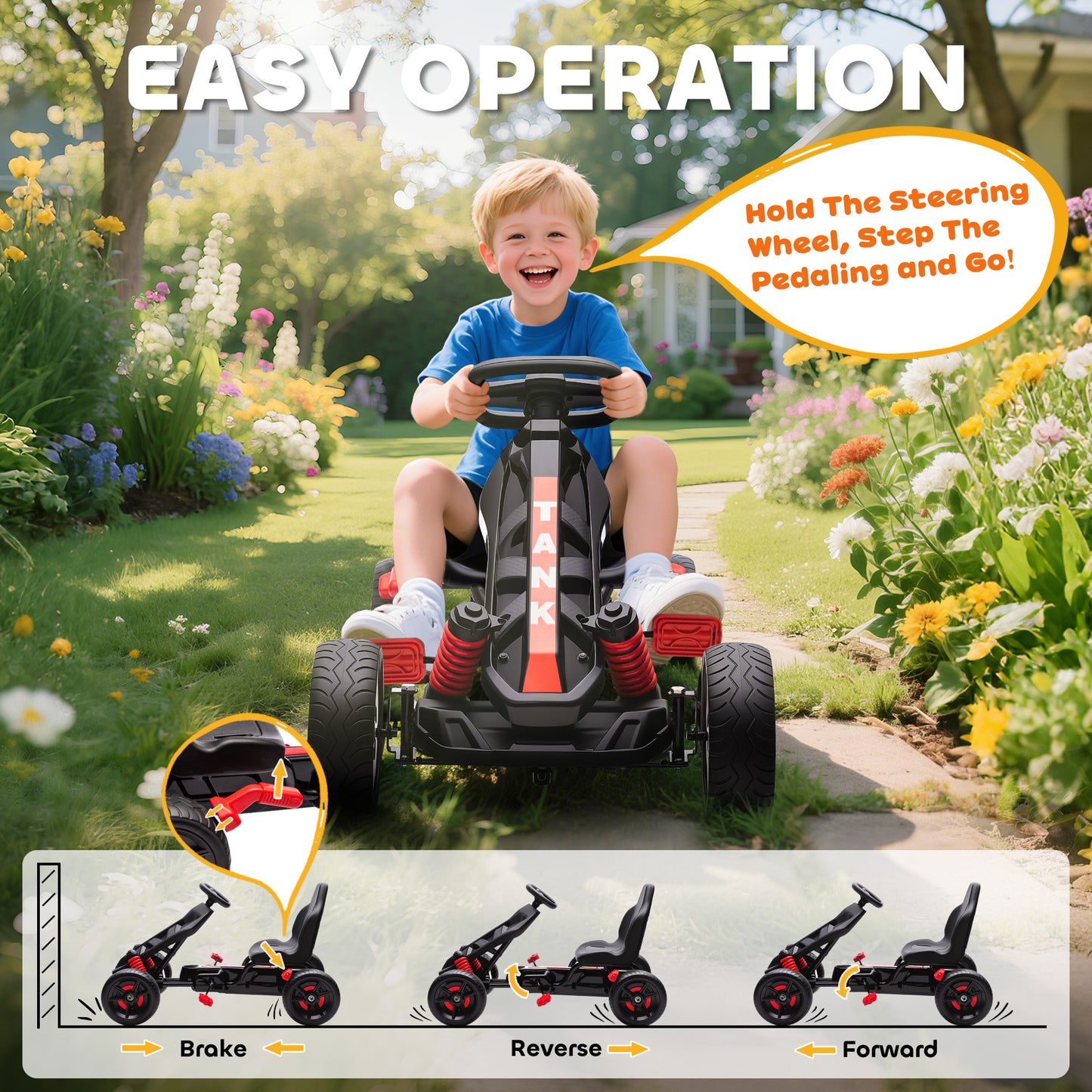 Pedal Go Kart for Kids Aged 3-6 Years, with Freewheel System, Brake