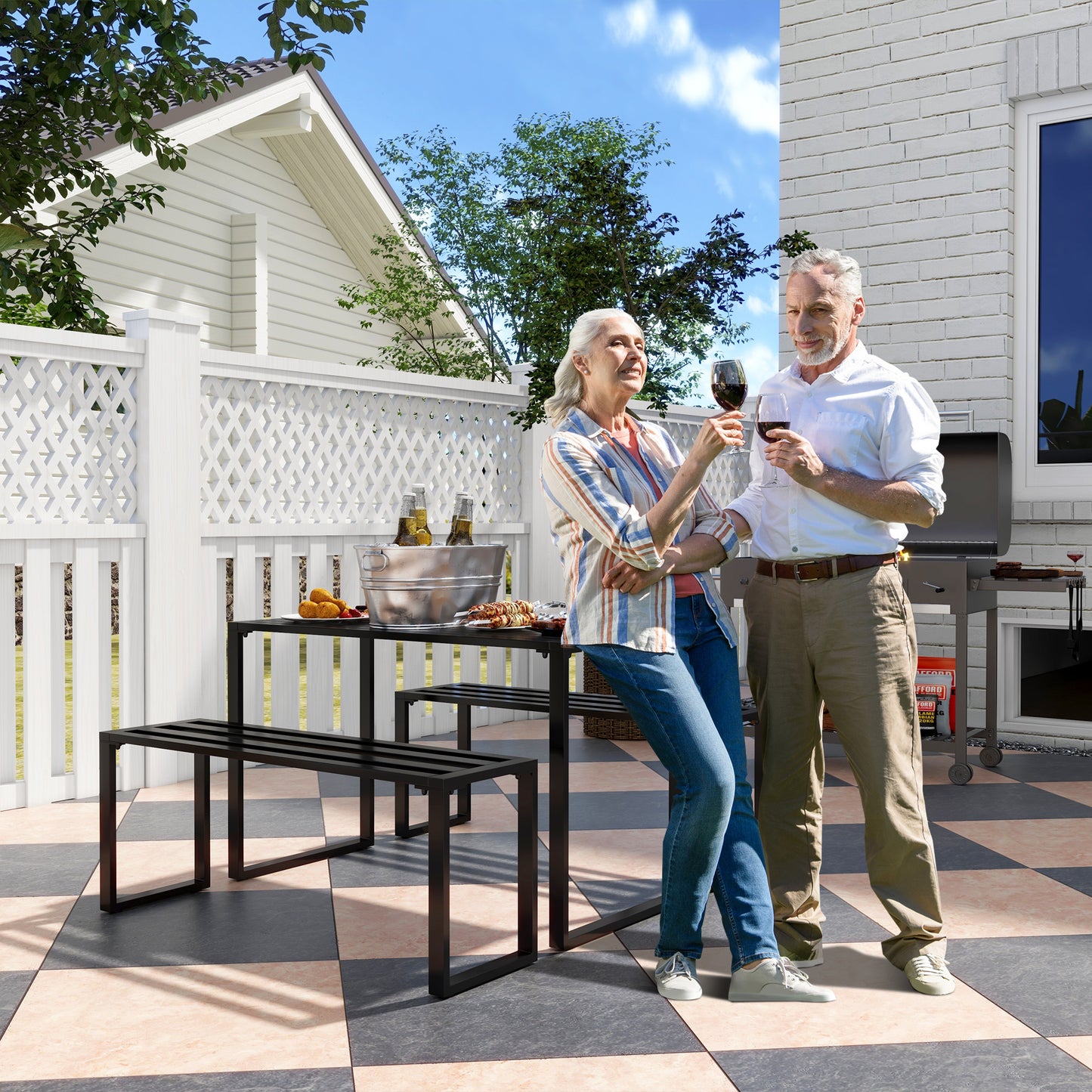 3 Pieces Picnic Bench Set with Table and 2 Benches