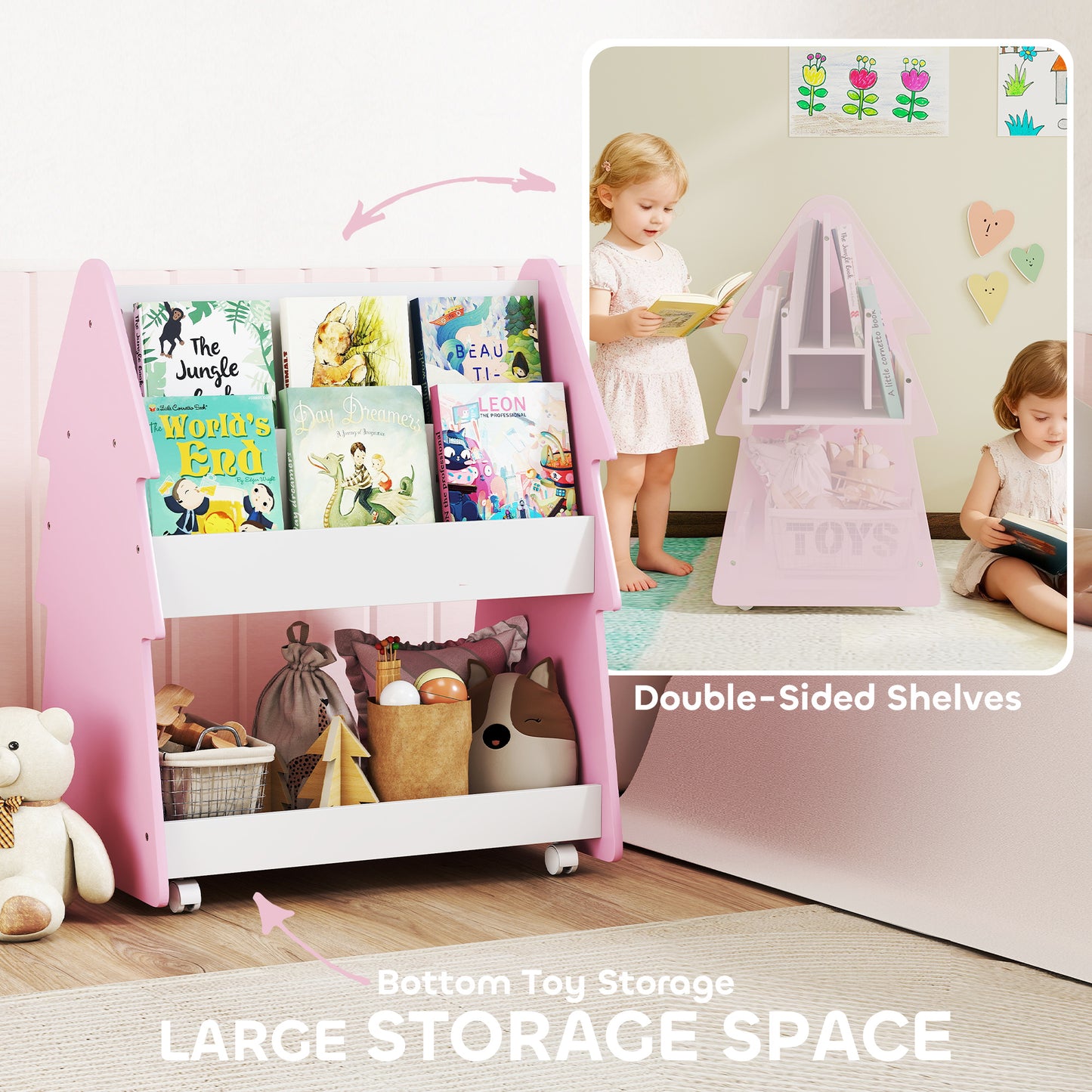 Kids Bookshelf with Toy Storage, Double-Sided Bookcase with Wheels