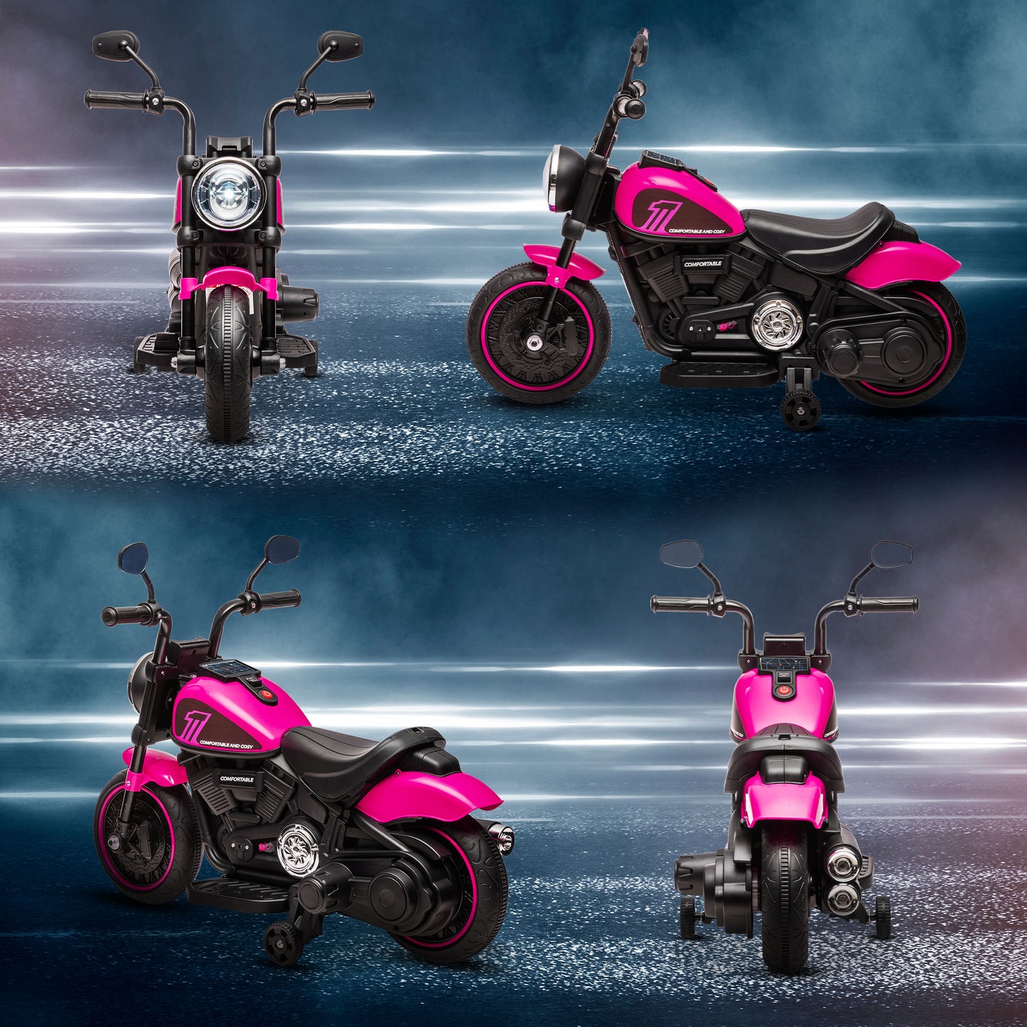 6v Electric Motorbike with Training Wheels, One-Button Start