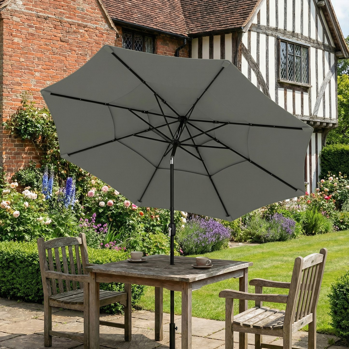 Garden Parasol, Parasol Umbrella with 3-tier Roof, Crank Handle