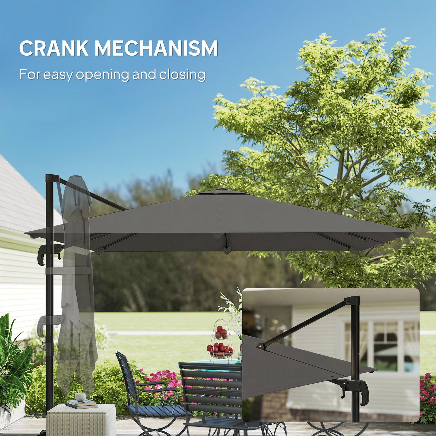 3 x 3 m Cantilever Parasol, Square Patio Umbrella with Crank Handle