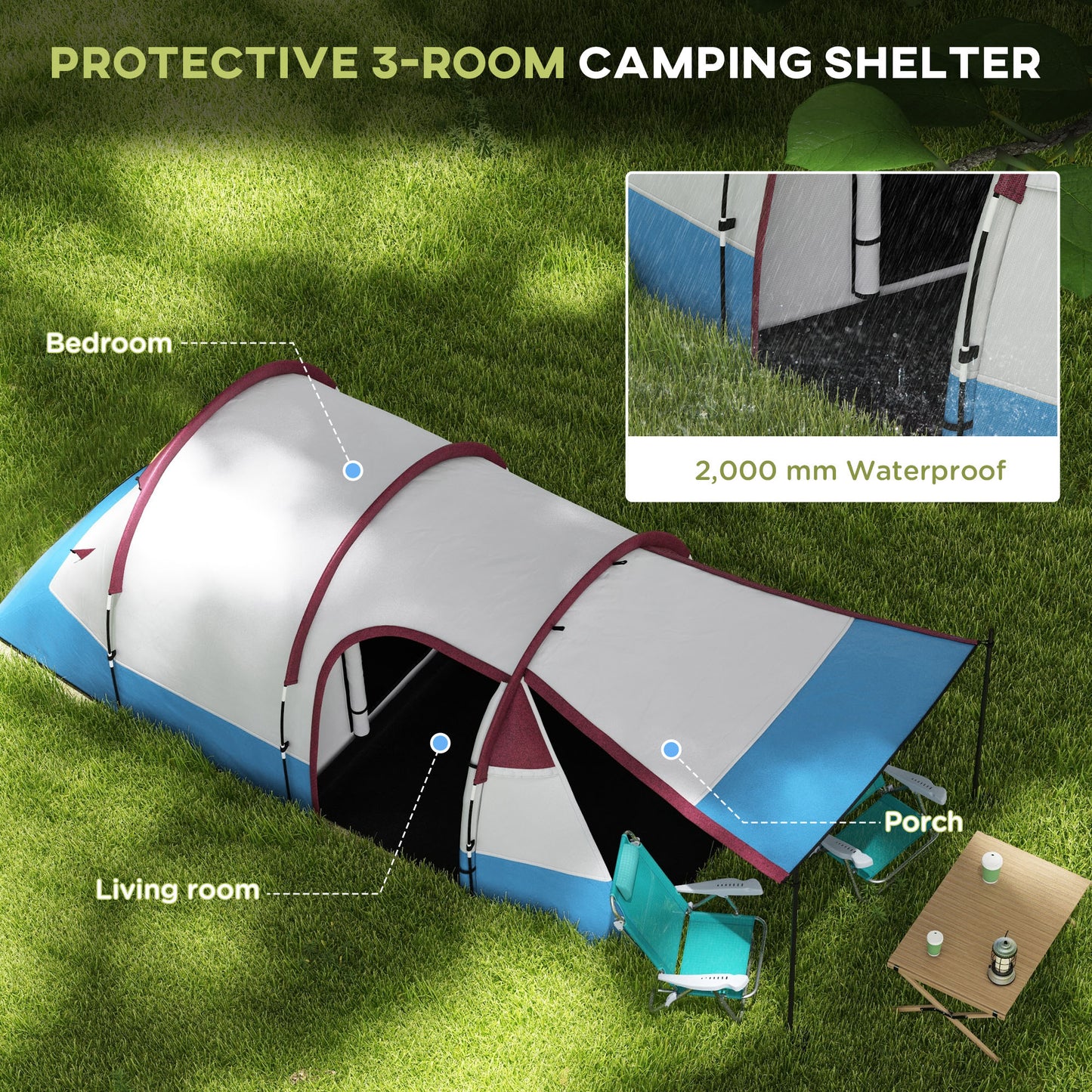 Camping Tent, Large Tunnel Tent with Bedroom and Living Area