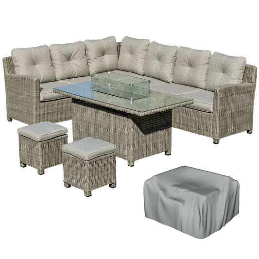 8-Seater Outdoor PE Rattan Sofa Set Conversation Set w/ Fire Pit