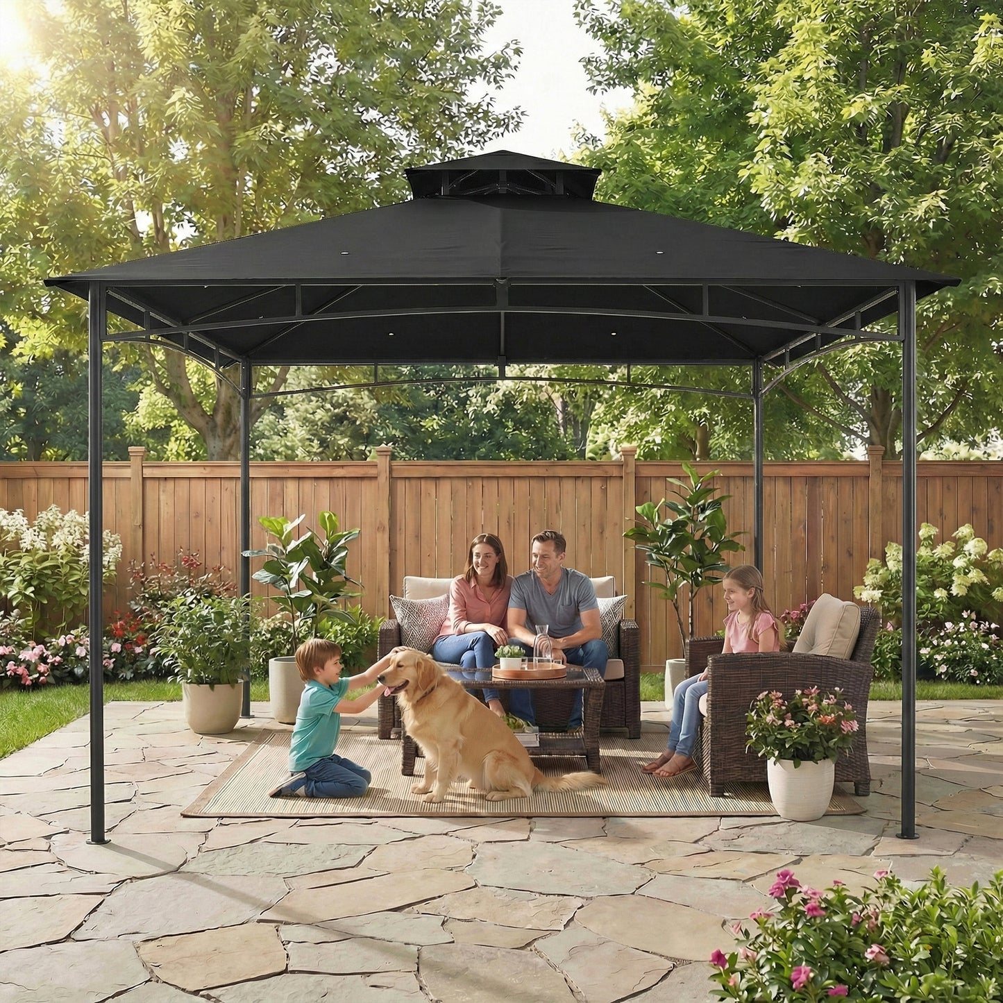 3 x 3 m Gazebo, Garden Gazebo with 2-Tier Roof, Metal Frame