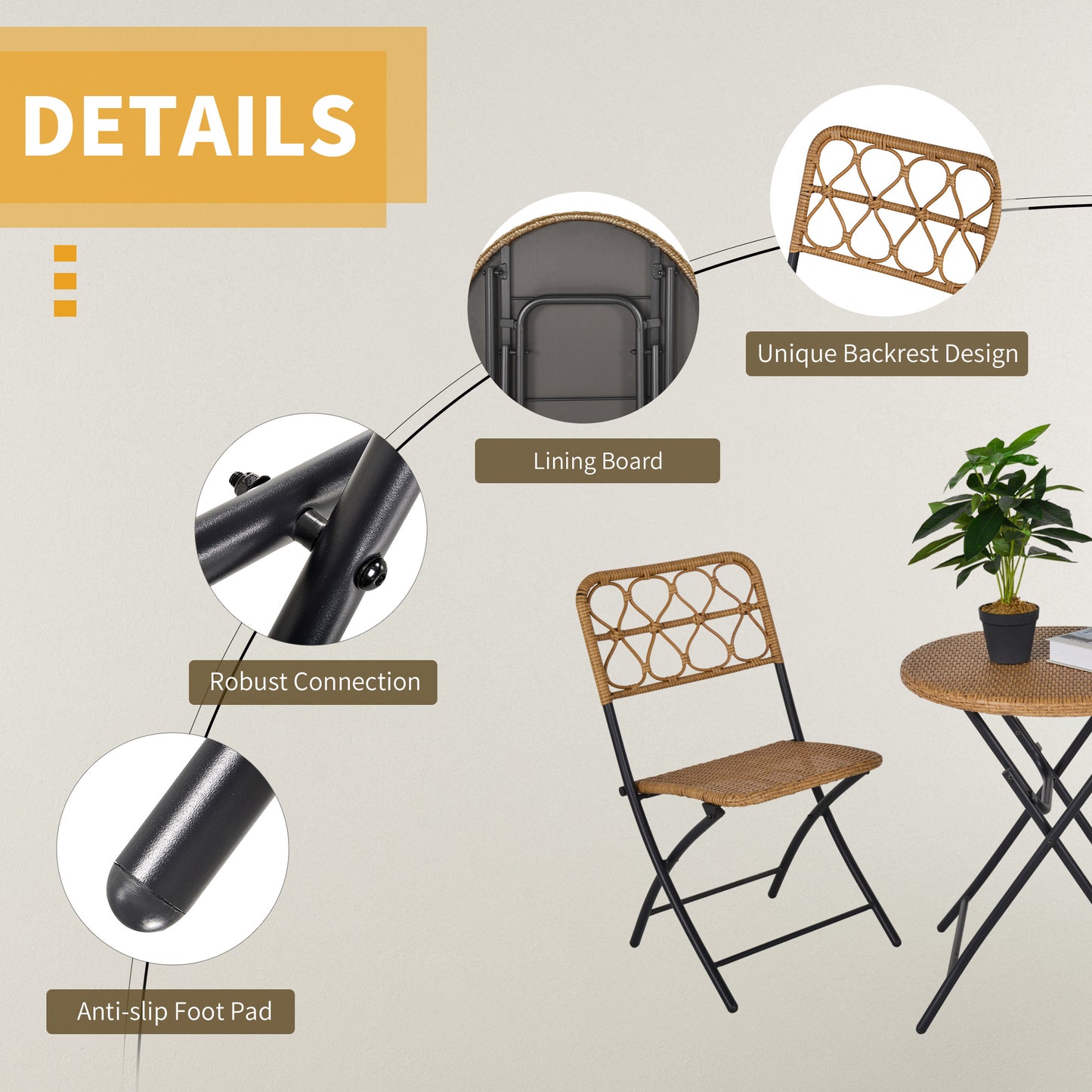 2 Seater Foldable Rattan Wicker Bistro Set, Coffee Table and Chairs