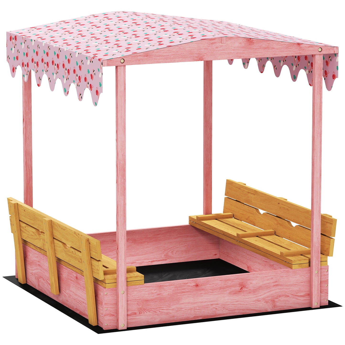 Wooden Sandbox with Lid, Flamingos Print Canopy