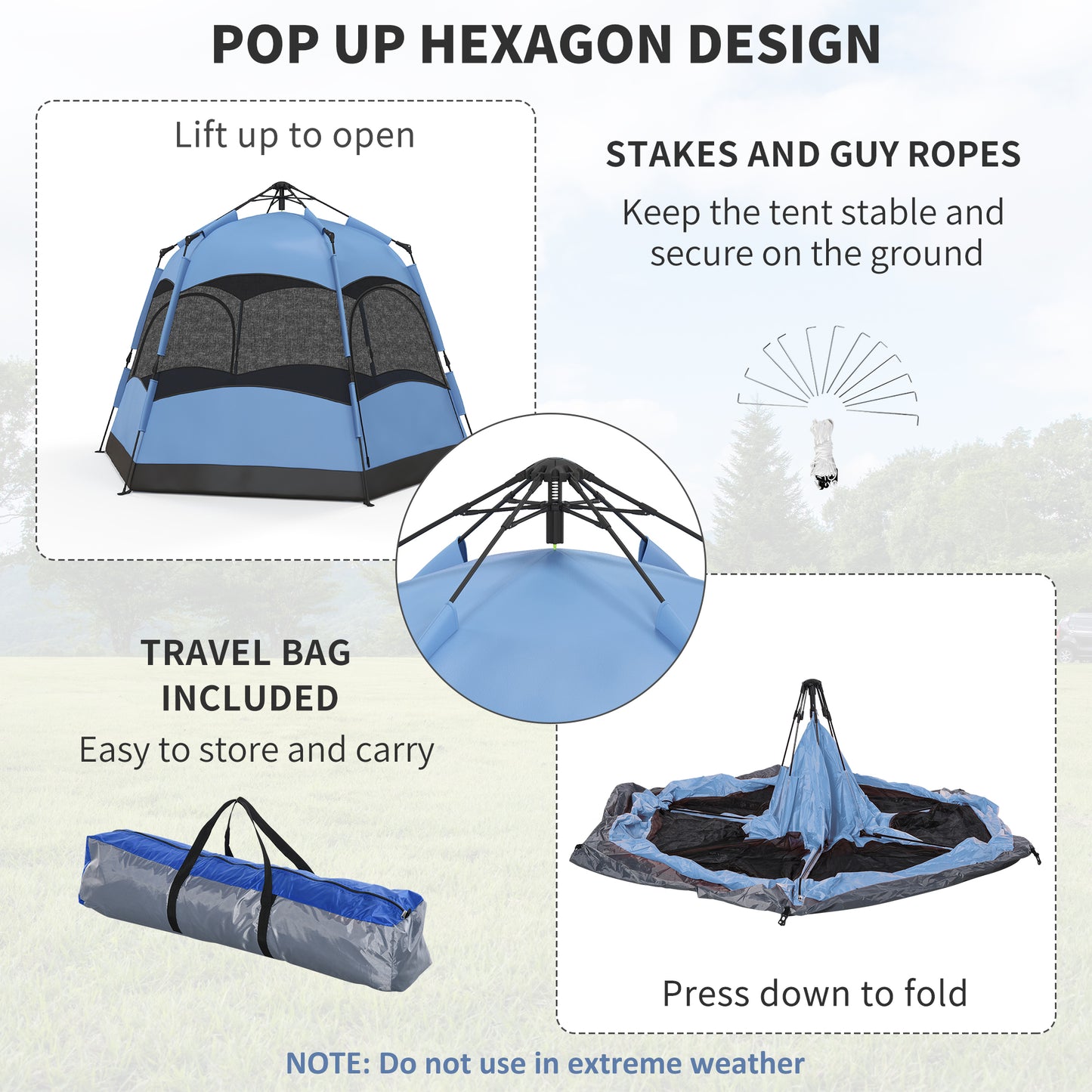 Six Man Hexagon Camping Tent with Hang Hook and Carry Bag - Blue and