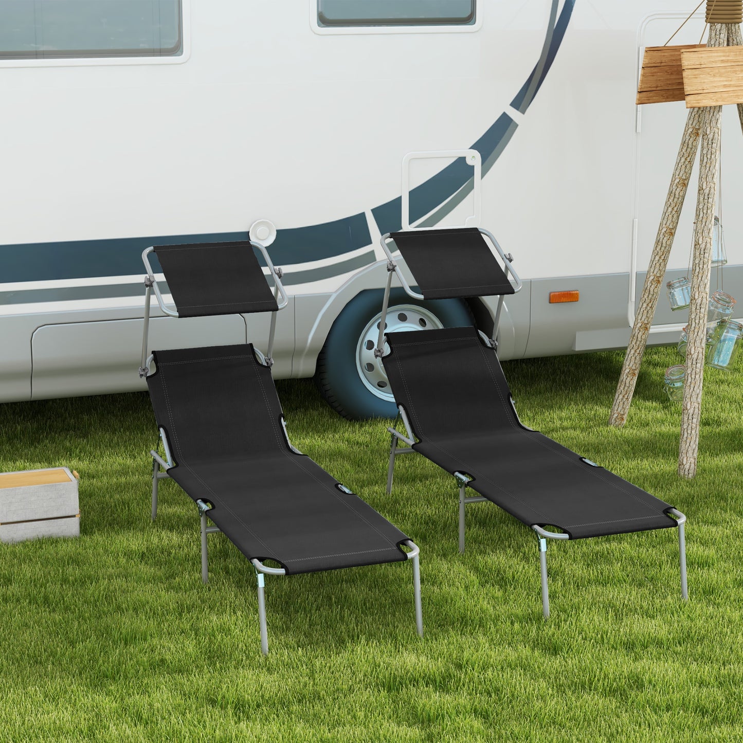 Foldable Sun Lounger Set of 2 with Sun Shade & Adjustable Backrest