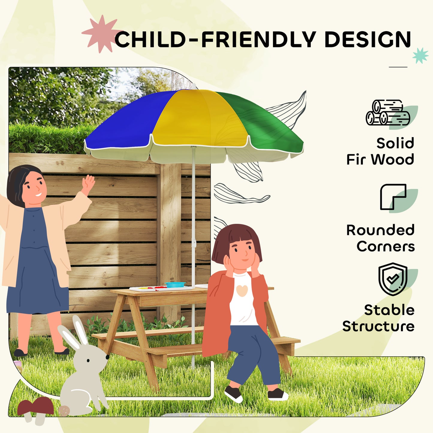 Kids Picnic Table, Sand and Water Table with Wooden Benches