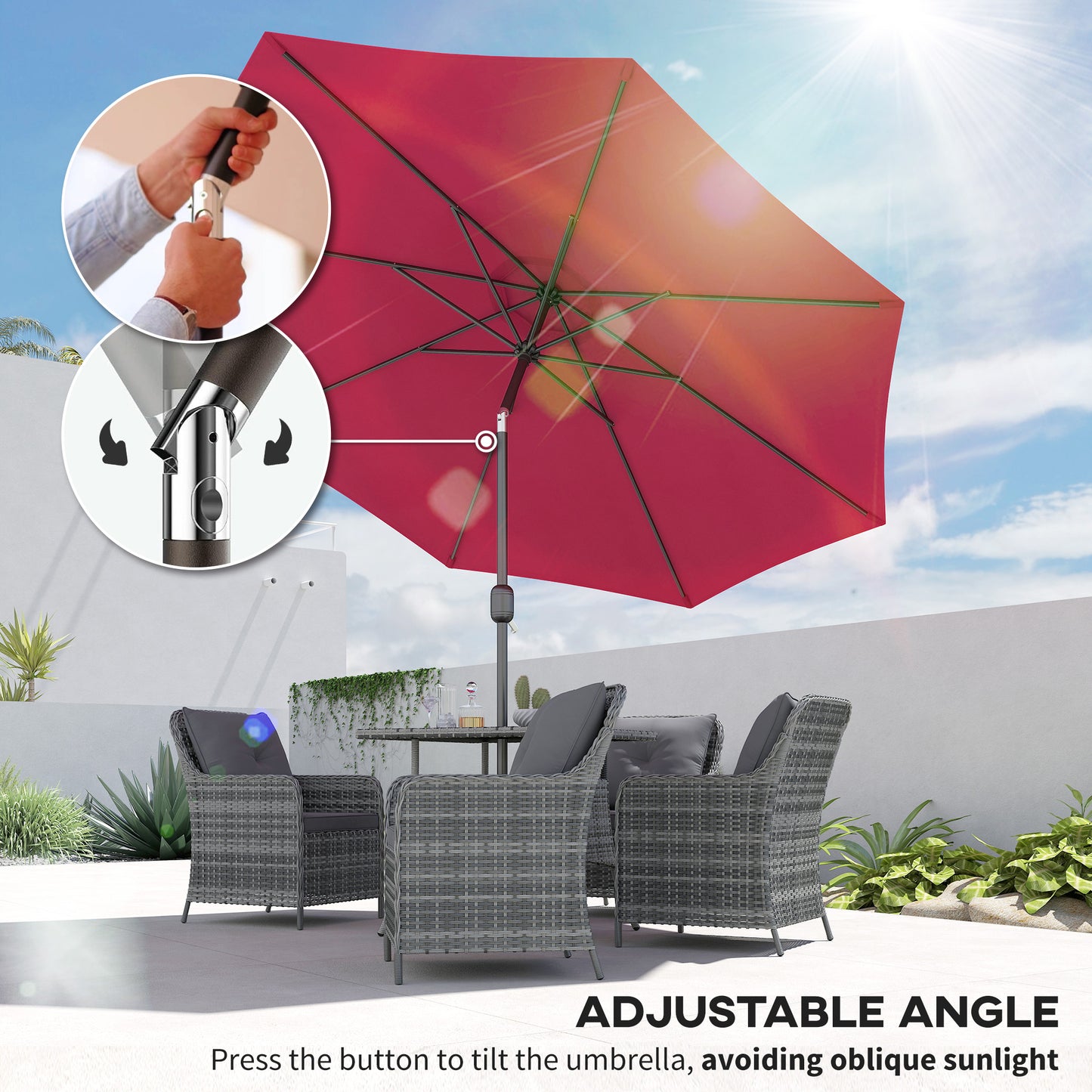 3(m) Tilting Parasol Garden Umbrellas, Outdoor Sun Shade with 8 Ribs